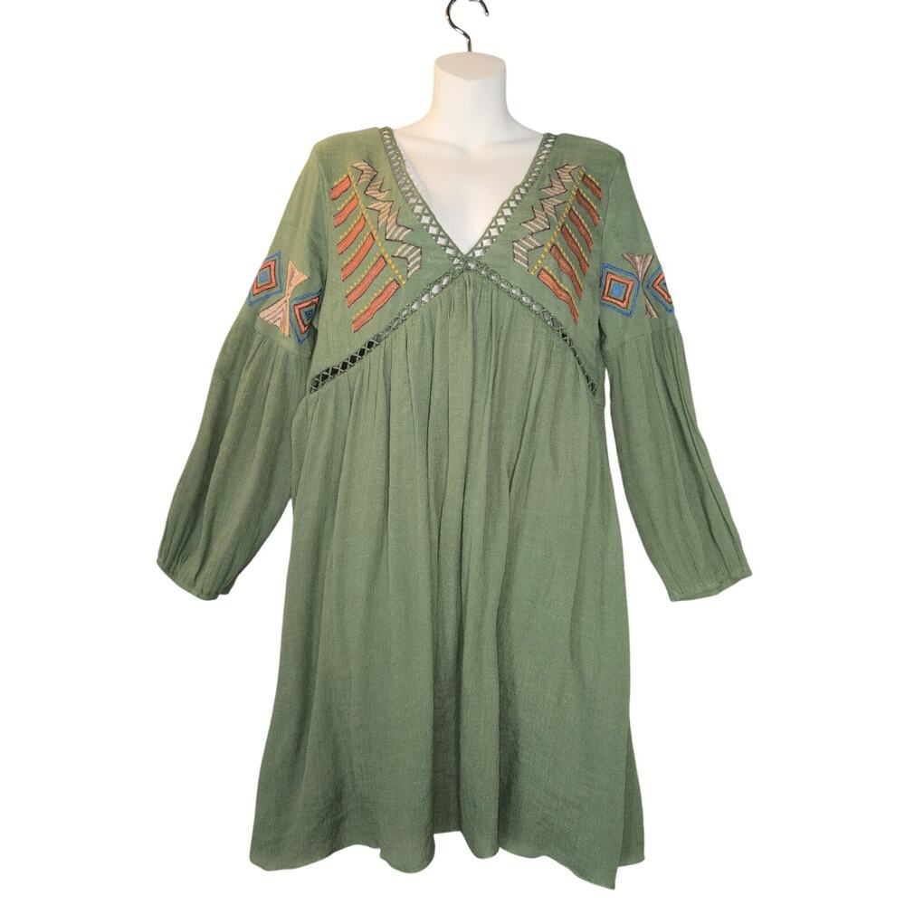 Rebellion Again Womens L Mini Dress Green Triangle Cutouts Tribal Rustic‎ Aztec